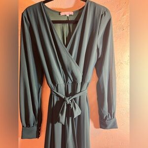 Baltic Born Green Faux Wrap Dress Bishop Sleeves gold buttons evening party XL